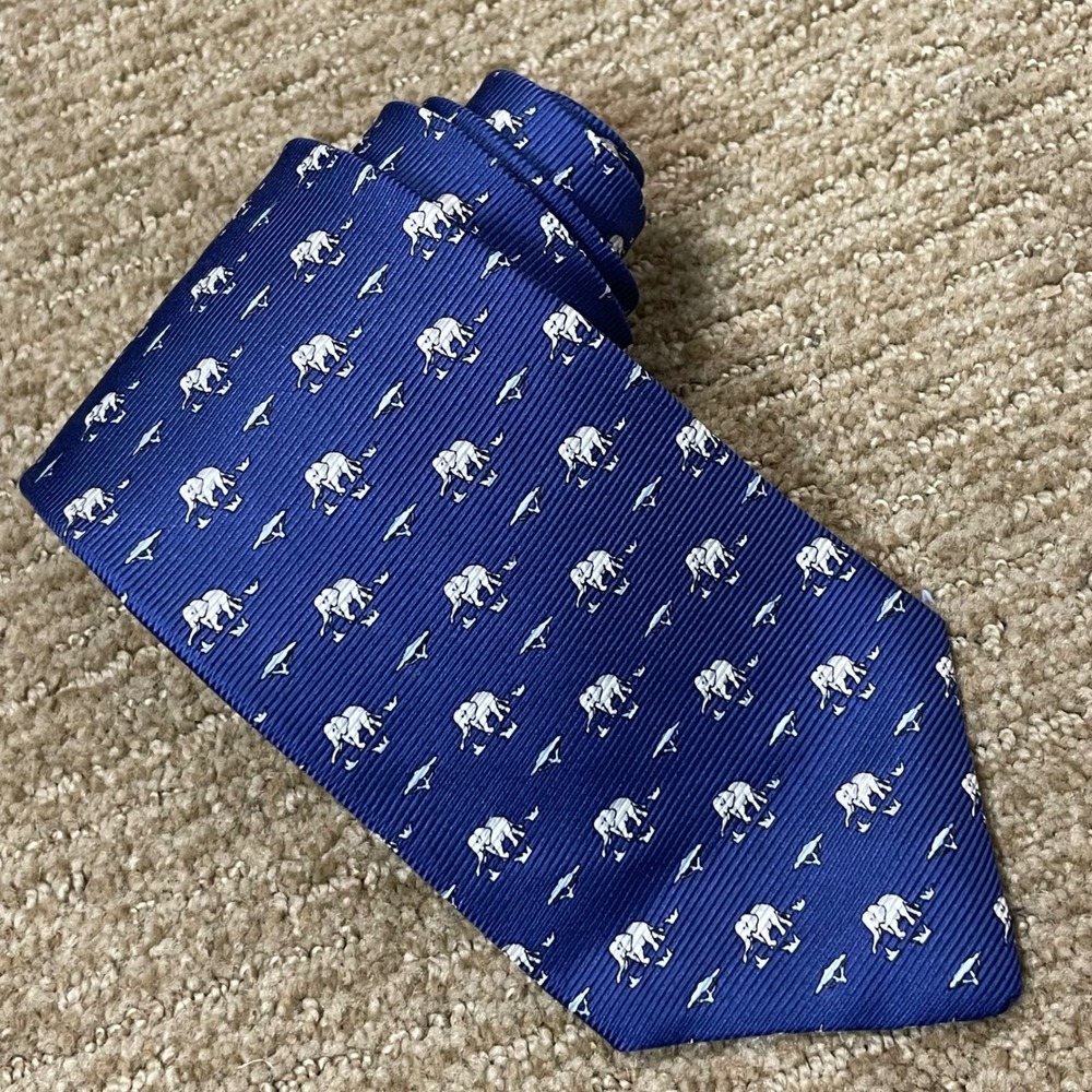 Paul Fredrick Mens Silk Tie Blue Elephant Print Tailored Made in USA